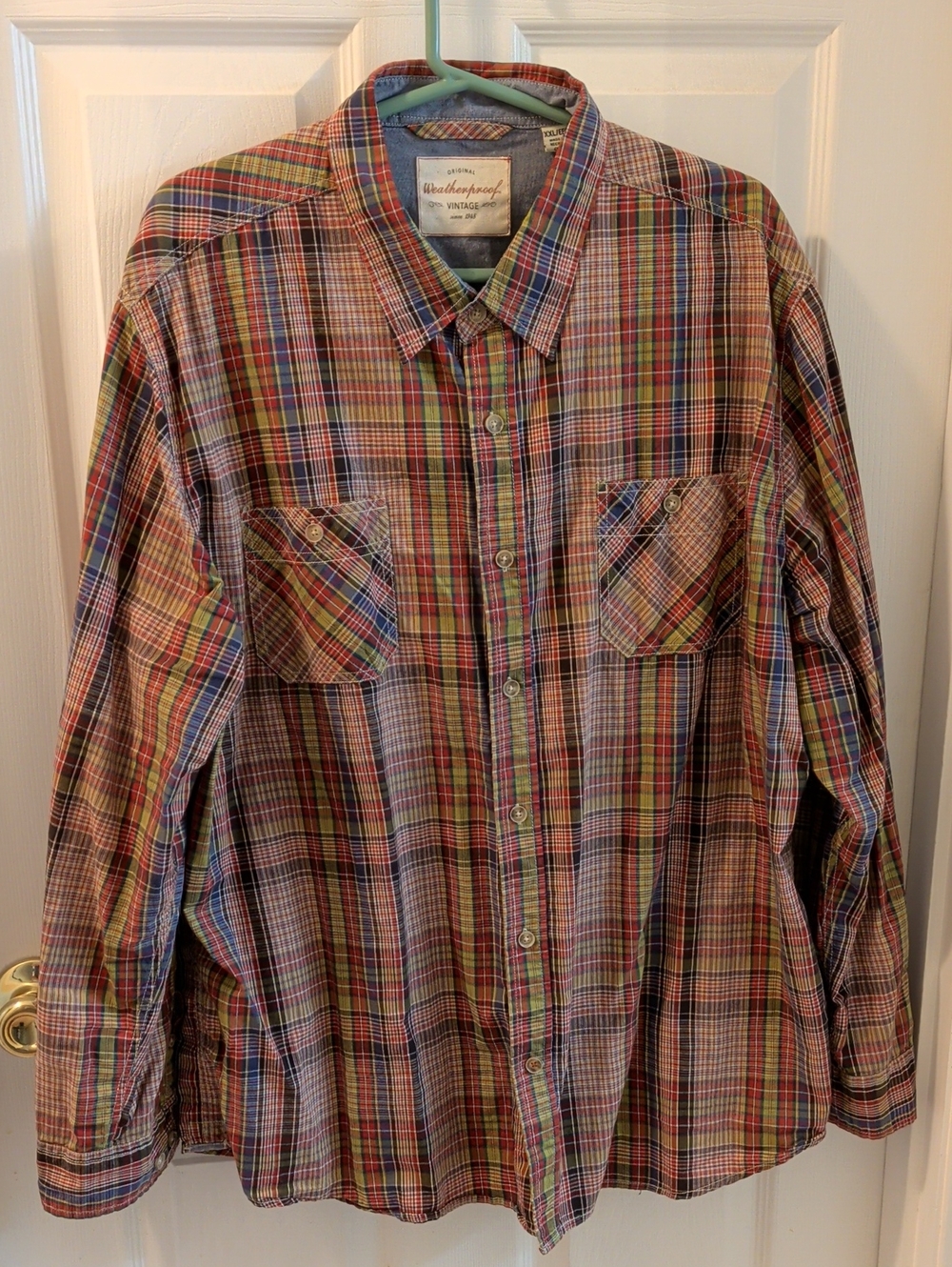 Weatherproof Multicolor Plaid Button-Down Shirt with Red, Blue, Green